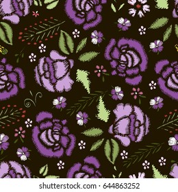 Embroidery Stitches With Roses, Meadow Flowers, Dragonflies, Butterflies, Beetles. Hand Drawn Vector Fashion Seamless Pattern On Black Background. For Fabric, Textile Decoration.