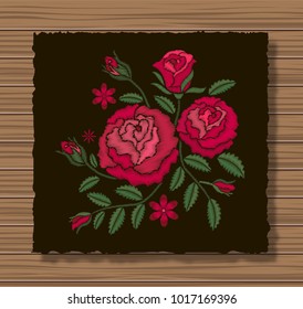 Embroidery stitches with roses and sprigs on a dark flap cloth and wooden texture background. Floral ornament with flowers and leaves. Ornamental needlework. Vector illustration.