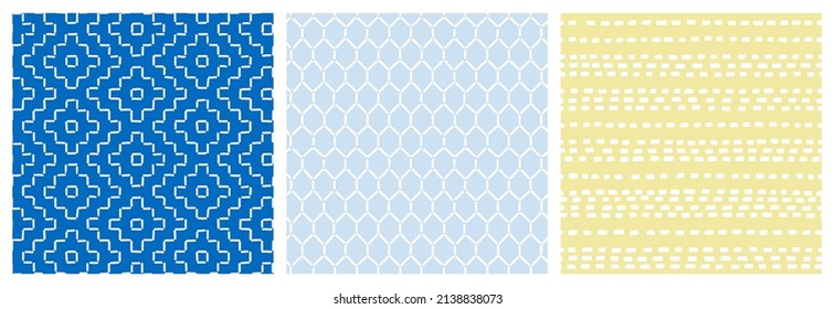 Stickereistiche sind nahtlos in Blau- und Gelbtönen angeordnet. Einfache Stickerei auf orangefarbenem Hintergrund.