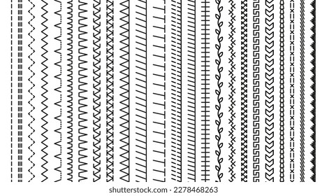 Embroidery stitches. Seamless sewing seams. Overlock fabric elements. Outline border isolated on white background. Set of machine thread sew brushes. Simple design. Vector illustration.