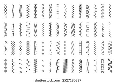 Embroidery stitches. Sewing machine lines different ornamental forms dividers and borders recent vector stiches templates set