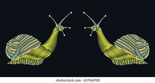 Embroidery stitches with Snail. Vector fashion ornament for textile, fabric traditional folk decoration. Vector animal collection. Decorative horizontal border, colorful snails on a black background