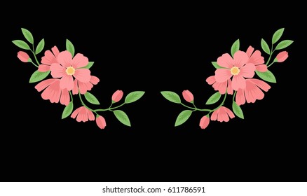 Embroidery stitches of spring flowers branches in pastel color. Fashion vector ornament on black background for textile traditional folk floral decoration for clothing. Cherry Blossoms.