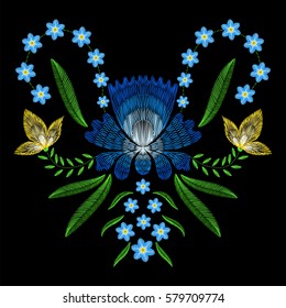 Embroidery stitches with spring flowers forget me not. Vector fashion ornament on black background for textile, fabric traditional folk floral decoration.
