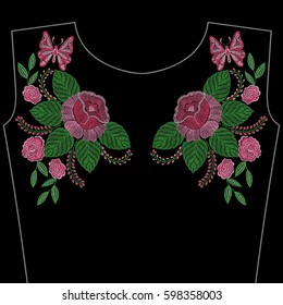 Embroidery stitches with spring flowers, roses, butterfly for neckline. Vector fashion embroidered ornament on black background, fancywork pattern for textile, fabric traditional folk decoration.