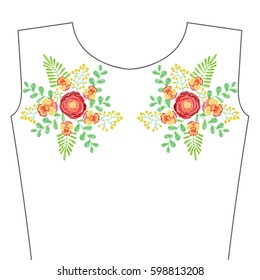 Embroidery stitches with spring flowers, wildflowers, grass. Neckline template for fashion fabric, textile floral print. Fashion decoration, hand drawn pattern.