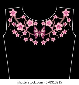 Embroidery stitches with spring Sakura flowers, branch of Japanese cherry blossoms. Neckline for fashion fabric, textile floral print.