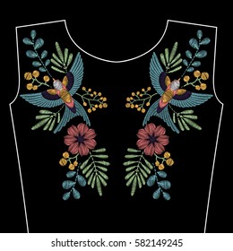 Embroidery stitches with spring swallow bird, wild flowers for neckline. Vector fashion ornament on black background for textile, fabric traditional folk decoration