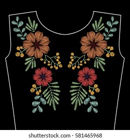 Embroidery stitches with spring wild flowers for neckline. Vector fashion ornament on black background for textile, fabric traditional folk decoration.