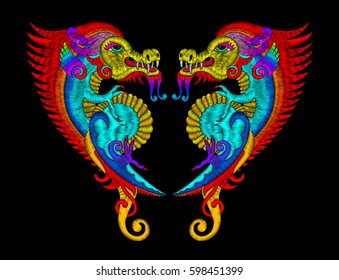 embroidery stitches style, embroidered design elements of dragon on black background for textile, fabric design, old fashion ornament, decorative vector illustration 