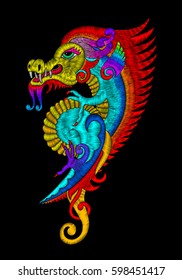 embroidery stitches style, embroidered design elements of dragon on black background for textile, fabric design, old fashion ornament, decorative vector illustration 