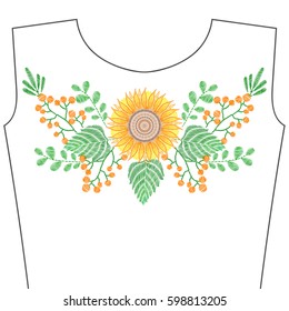 Embroidery stitches with sunflower, yellow flowers for neckline, spring grass. Vector fashion embroidered ornament for textile, fabric traditional folk decoration.