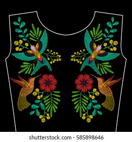 Embroidery stitches  with swallow bird hummingbird, wild flowers for neckline. Vector fashion embroidered ornament on black background for textile, fabric traditional folk decoration.