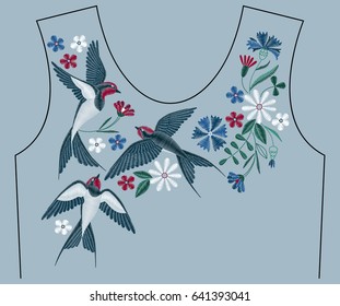 Embroidery stitches with swallow birds, wild flowers for neckline. Fashion embroidered ornament for textile, fabric traditional folk decoration. Vector illustration.