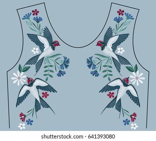 Embroidery stitches with swallow birds, wild flowers for neckline. Fashion embroidered ornament for textile, fabric traditional folk decoration. Vector illustration.