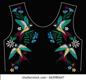 Embroidery stitches with swallow birds, wild flowers for neckline. Fashion embroidered ornament for textile, fabric traditional folk decoration. Vector illustration.