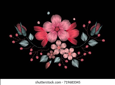 Embroidery stitches with wild flowers, spring flowers, grass, branches pastel, bright colors. Fashion vector ornament, black background for fabric, textiles, garments, traditional folk Embroidery desi