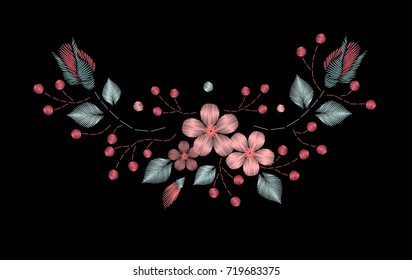 Embroidery stitches with wild flowers, spring flowers, grass, branches pastel, bright colors. Fashion vector ornament, black background for fabric, textiles, garments, traditional folk flower design