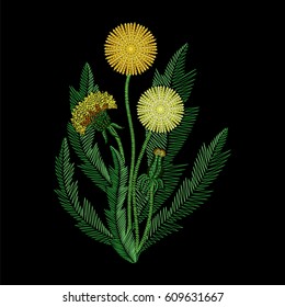 Embroidery stitches with wildflowers, fashion Dandelion flower patch. Vector embroidered summer ornament on black background for fabric traditional decoration