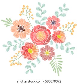 Embroidery stitches with wildflowers, spring flowers, grass, branches in pastel color. Vector fashion ornament for textile, fabric traditional folk floral decoration.