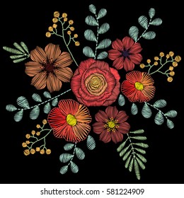 Embroidery stitches with wildflowers, spring flowers, grass, branches in pastel color. Vector fashion ornament on black background for fabric traditional folk floral decoration.