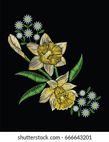 Embroidery stitches with yellow narcissus daffodil, chamomile in pastel color. Vector fashion ornament on black background for traditional floral decoration. Pattern for textile and fabrics. 