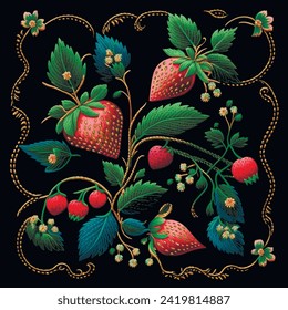 Embroidery strawberries floral colorful pattern background illustration. Textured necklines berries vector ornaments. Tapestry decorative red strawberries with flowers, leaves, frames. Grunge texture.