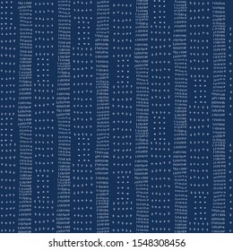 Embroidery Stripe Sashiko Kantha Vector Pattern. Asian Needlework Seamless Background Indigo Blue Style. Vertical Running Hand Stitch Texture Textile Print. Japan Decor. Masculine Quilting Tile EPS 10