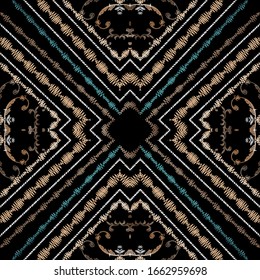Vector barroco a rayas barroco, sin fisuras. Fondo colorido de grunge floral. Alfombra.Tela. Flores, hojas, marcos, rayas. El adorno barroco texturado. Textura de tapicería bordada
