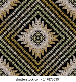 Embroidery striped vector seamless pattern. Tapestry geometric ethnic background. Repeat grunge tribal backdrop. Textured abstract ornament. Embroidered texture. Rhombus frames, zigzag,stripes, shapes