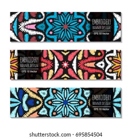 Embroidery style bright colorful horizontal banner set. Ethnic design ornamental backgrounds. EPS 10 vector. Clipping masks