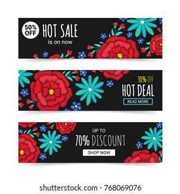 Embroidery style bright colorful horizontal fashion banner set. Floral design ornamental backgrounds. EPS 10 vector. Clipping masks
