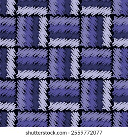 Embroidery style checkered zigzag, dashed lines, doodles, hatches seamless stitch textured vector pattern. Repeated ornamental striped background with hatched lines, stripes. Endless grunge texture.