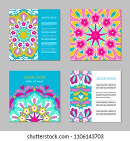 Embroidery style colorful mandala square card set. Bright floral ornamental vintage blanks. EPS 10 ethnic design vector backgrounds. Clipping masks.