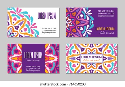 Embroidery style colorful mandala visiting card set. Bright floral ornamental vintage style blanks. EPS 10 ethnic design vector backgrounds. Clipping masks.