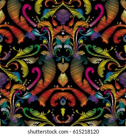 Embroidery style floral abstract seamless pattern. Vector  background wallpaper with  vintage tapestry grunge arras paisley flowers, leaves and bright  ornaments Vector texture.for fabric, prints.