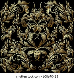 Embroidery style floral Baroque seamless pattern. Vector black background wallpaper with 3d gold vintage tapestry grunge arras flowers, tracery doodle  leaves and antique baroque tiled ornaments