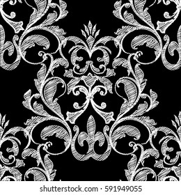 Embroidery style floral damask seamless pattern background wallpaper with vintage tapestry grunge arras  flowers, tracery leaves and antique baroque ornament.Vector tapestry baroque texture.