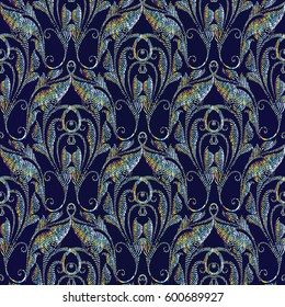 Embroidery style floral damask seamless pattern. Vector blue  background wallpaper with 3d vintage tapestry grunge arras flowers, tracery leaves and antique baroque tiled ornaments