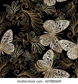 Embroidery style floral damask seamless pattern. Vector  background wallpaper with vintage tapestry grunge arras hand drawn gold flowers, butterflies, leaves and antique  ornament in Victorian style.