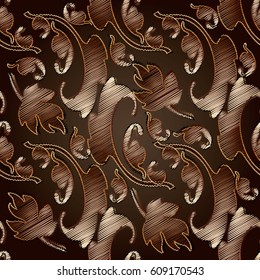 Embroidery style floral damask seamless pattern. Vector brown background wallpaper with 3d  vintage  tapestry grunge arras  flowers, leaves and  antique Baroque  ornaments Vector embroidery  texture. 