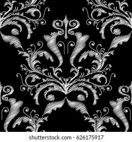 Embroidery style floral damask seamless pattern. Black background wallpaper with white vintage tapestry grunge arras flowers, tracery leaves and antique baroque ornament. Vector flourish  texture.