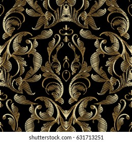 Embroidery style floral damask seamless pattern background wallpaper with gold vintage tapestry grunge arras flowers, tracery leaves and antique baroque ornament. Vector tapestry baroque texture.