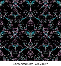 Embroidery style floral damask seamless pattern. Black background wallpaper with vintage tapestry grunge arras blue pink flowers, tracery leaves and antique baroque ornaments .Vector fabric  texture.