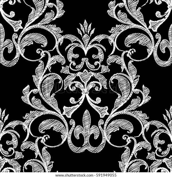 ビンテージタペストリーのグランジアラス花 トレーサリーの葉 アンティークバロックの装飾と刺繍スタイルのシームレスな模様の壁紙 ベクタータペストリーのバロックのテクスチャー のベクター画像素材 ロイヤリティフリー