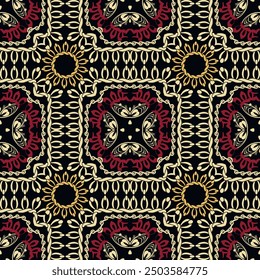 Embroidery style floral ethnic seamless pattern. Textured ornamental checkered background with flowers, frames, borders, ropes, knots. Ethnic ornaments. Endless texture. Colorful  beautiful design.