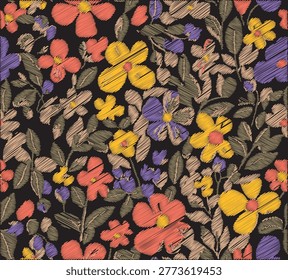 Embroidery Style Floral Seamless Pattern with Colorful Stitched Wildflowers, Hand-Stitched Botanical Illustration for Textile and Needlework Design