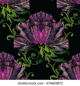 Embroidery style floral seamless pattern. Vector black background wallpaper with vintage purple violet tapestry grunge arras 3d flowers, green leaves, Baroque ornament. Vector hatch embroidery texture