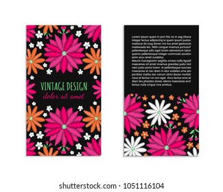 Embroidery style flyer with daisy flower bright colorful pattern. Ethnic ornamental blanks. Rustic design ornament brochures. Summer colors EPS 10 vector. Clipping masks