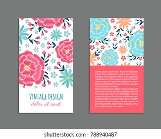 Embroidery style flyer with flower and leaf pattern of pastel colors. Ethnic ornamental blanks. Rustic design ornament brochures. EPS 10 vector. Clipping masks